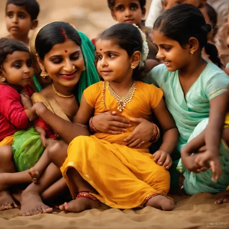 Indian mom with little kids, wearing formal Indian saree, sitting by spreading legs, kids looking at her pussy, lot of kids, crowd area, beautiful, pretty, ((kids looking at her pussy))