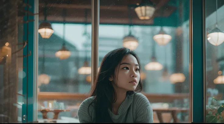 Capture the Malay girl in a quaint coffee shop, sipping a cup of coffee and gazing out the window. The warm, cozy interior creates a sense of comfort and relaxation. 30mm lens, Low angle shot, blue color grading, cinemascope, natural light, Dynamic shadows...