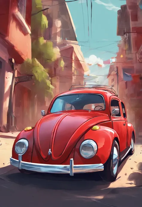 imagem estilo pixar de Fusca vermelho sendo polido por um gordinho careca