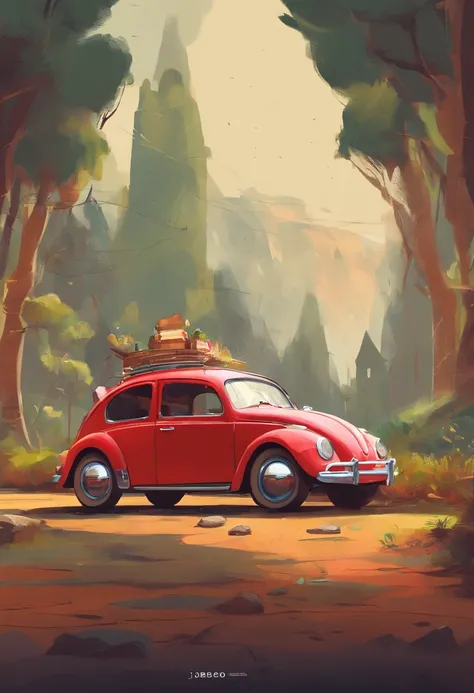 imagem estilo pixar de Fusca vermelho sendo polido por um gordinho careca