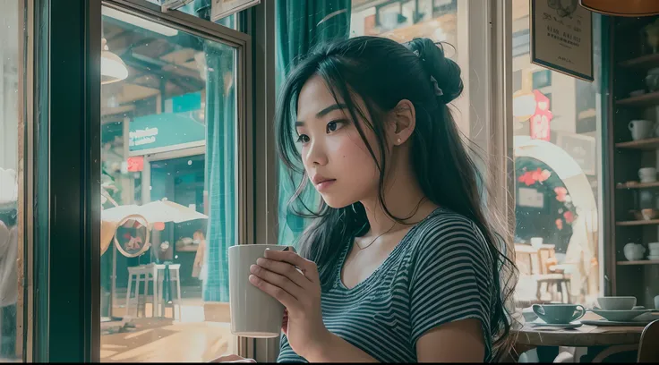 Capture the Malay girl in a quaint coffee shop, sipping a cup of coffee and gazing out the window. The warm, cozy interior creates a sense of comfort and relaxation. 30mm lens, Low angle shot, blue color grading, cinemascope, natural light, Dynamic shadows...