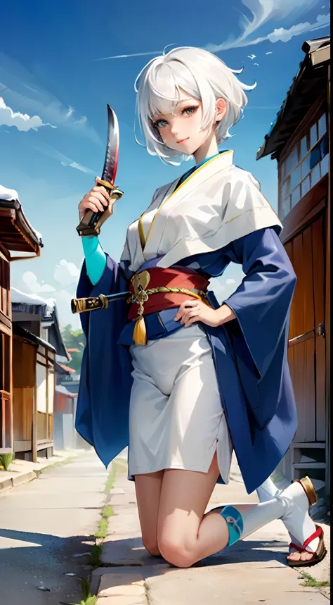 {{{masterpiece}}}, {{{best quality}}}, {{ultra-detailed}}, {illustration}, {{an extremely delicate and beautiful}},(Edo townscape),1girl,smile, cute girl, solo, japanese clothes,short hair, (white hair:1.5),weapon,( sword:1.2), brown eyes, looking at viewe...