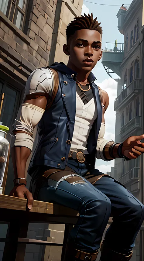 ekko arcane , arcane ekko much details  , 1man , young man 16 years old ,1boy, solo, dark-skinned male, dark skin,  ((brown eyes...