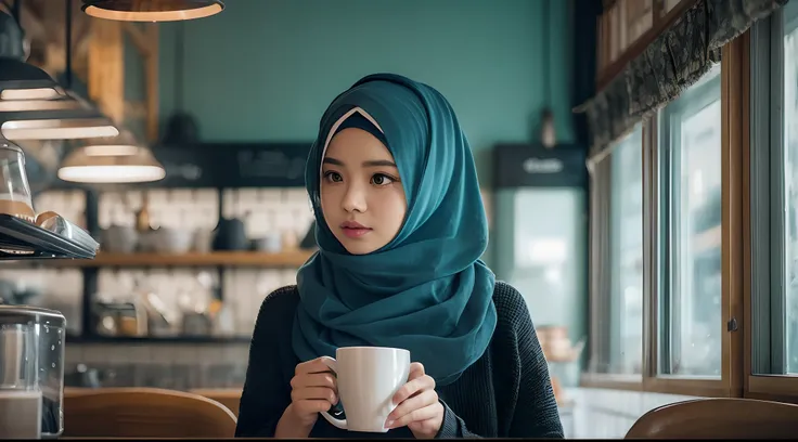 Capture a beautiful Malay girl with hijab in a quaint coffee shop, sipping a cup of coffee and gazing out the window. The warm, cozy interior creates a sense of comfort and relaxation. 30mm lens, Low angle shot, blue color grading, cinemascope, natural lig...