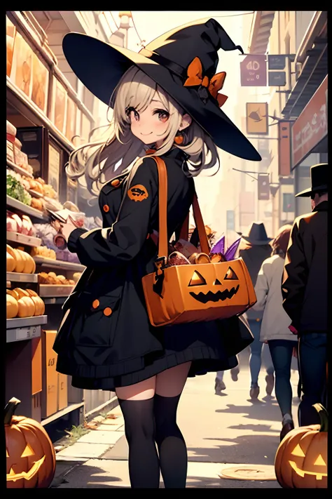 Cute Halloween Theme、full body Esbian、Eye Up、A smile、 Cute poses、Glamorous Hat、Halloween Accessories、Draw clothes buttons and pockets in a Halloween style、The costume is red、breasts are large、The background is littered with sweets and sweets、Draw an outer ...