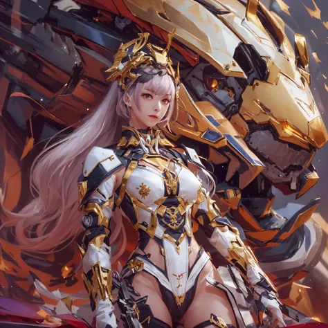 Light orange wind（（Red and white mech girl））National wind circle，Flying nine-tailed fat skull flame ethereal toad star，Golden-black damask white rabbit fur bra，Fuchsia pink diamonds, Tulle burgundy diamond shin guard，CG ，Light orange full set of thick mech...