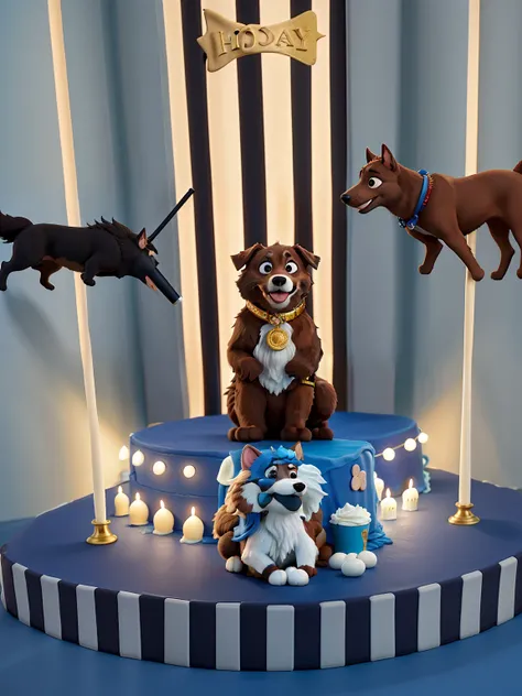 Theres a dog sitting on a pedestal with a birthday cake, Directed by: Matt Cavotta, Directed by: Teresa Fasolino, Magic dog performing on stage, Directed by: Emma Andijewska, um tiro largo e cheio, um bonito, Brutus, Directed by: Aleksander Kotsis, sentado...