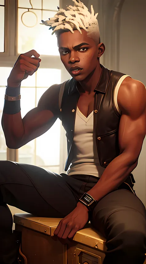 ekko arcane , arcane ekko much details , 1man , young man 16 years old ,1boy, solo, dark-skinned male, dark skin, ((brown eyes :...