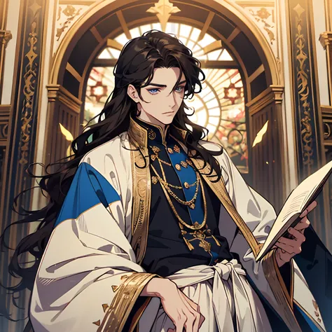 He is a graceful and stylish figure, dressed in colorful and regal attire, with wavy, dark hair and blue hazel eyes. man, anime