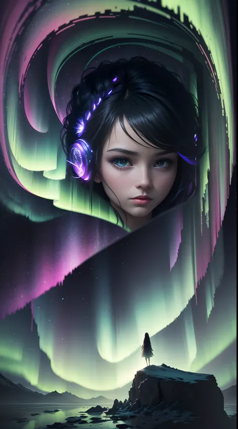 tmasterpiece, 4K, Hyper-Resolution, Optimal image resolution,aurora borealis，This stunning illustration depicts an abstract portrait of a young girl in the Northern Lights, A chaotic storm of aurora erupted in his mind，ModelShoot style，Express your thought...