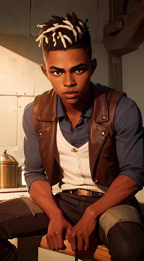 ekko arcane , arcane ekko much details , young face , young man 16 years old ,1boy, solo, dark-skinned male, dark skin, ((brown ...