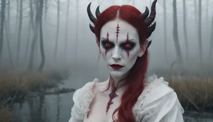 Half body shot of a creepy demon woman in a foggy marsh, pale white skin, red glowing eyes, witch aesthetic, horror movie, cinematic, dark ambient, ultra detailed, photorealistic, masterpiece.