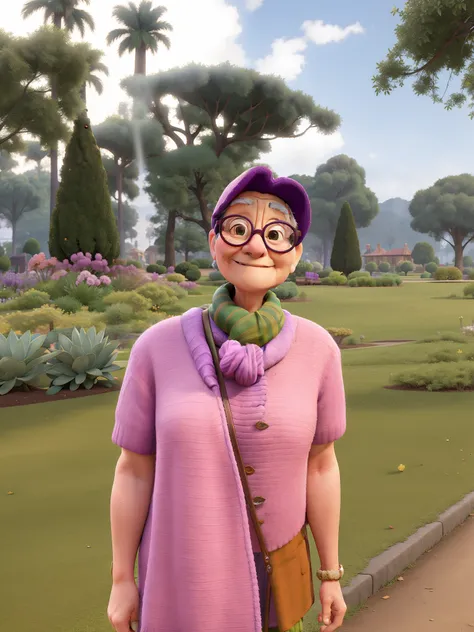 masterpiece, best quality, an old woman with glasses and a scarf on, wearing a purple coat and green scarf, standing at the park