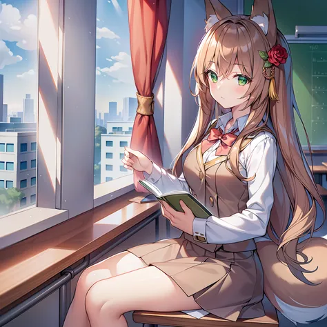 tmasterpiece，best qualtiy，A high resolution，1girll, Solo, (8K wallpaper), (Long brown hair)，(Huge fox tail:1.2)，Green eyes，Small flower headdress，16-year-old girl_C cup，Modern architecture，In a high school classroom，Sit in the rear window seat_sit on chair...