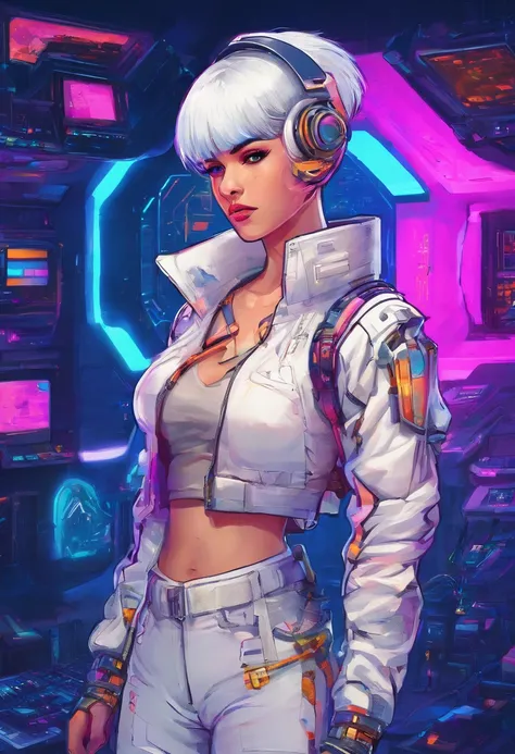 Hack girl style with laptop, White mechanical clothing, Silver short bob hair, Colorful pupils，Computer,  Retro, cyber punk perssonage, Data center background, dark blue theme,