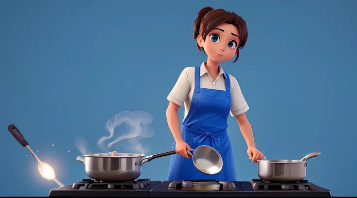 A cook stirring food in a pan on the stove, solid blue background, melhor qualidade, maior qualidade,Light Volumetric