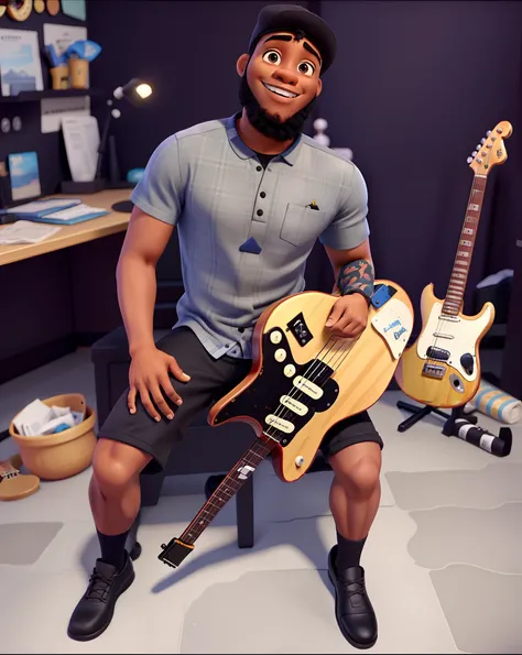 A Disney Pixar-style black man in a cap, de barba, camisa marrom, com uma guitarra stratocaster, alta qualidade, melhor qualidade