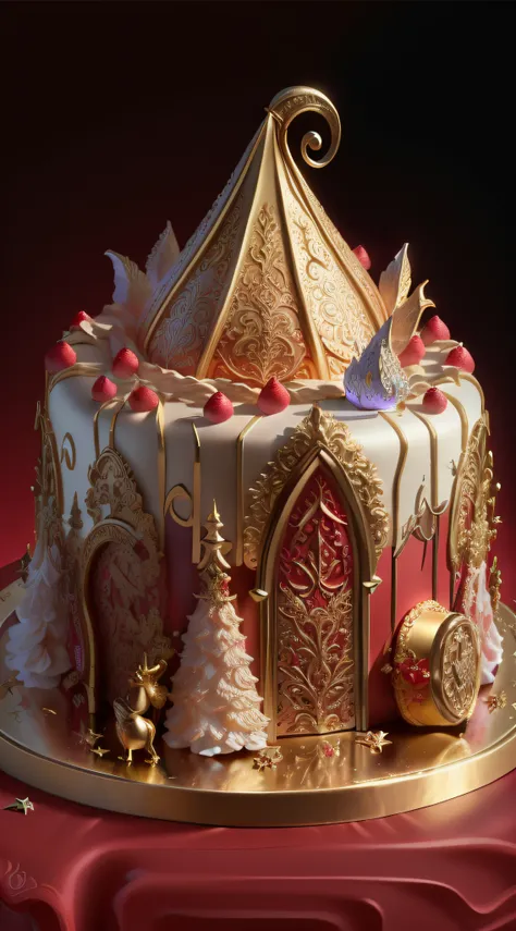 there is a cake with a gold decoration on it on a red table, cake art, 3d magical details, fantasy highly detailed, fantasy bakery, highly detailed scene, fantasy art behance, fantasy. intricate, intricate and detailed, polycount contest winner, intricatel...