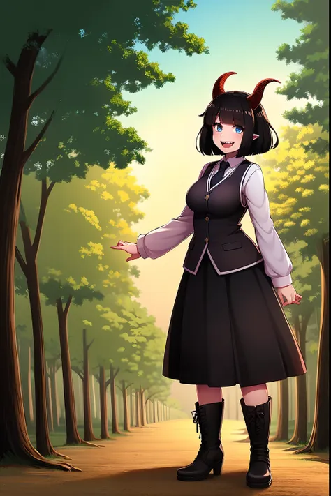 short hair, youngirl,black hair, vest, pullover, dragon horns, sharpteeth, standing, smile, full body , boots, long skirt, winte...