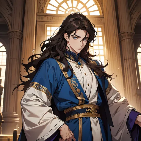 He is a graceful and stylish figure, dressed in colorful and regal attire, with wavy, dark hair and blue hazel eyes. man, anime