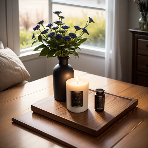 Only one scented candle A bottle of expensive scented candles, only one bottle of scented candles is placed in the middle of the picture, a vase is placed in the middle of the picture, the scented candle is a black bottle Nordic home atmosphere surrounded ...