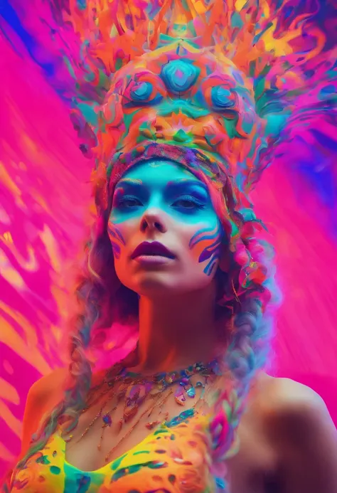 a woman with a neon makeup and headdress , transgressive art, sharp focus, 8 k, octane render , saturated colors, pastel colors