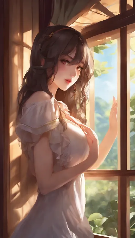 girl with、Anime style、huge tit、Blowjob、Window、Twin-tailed、charicature