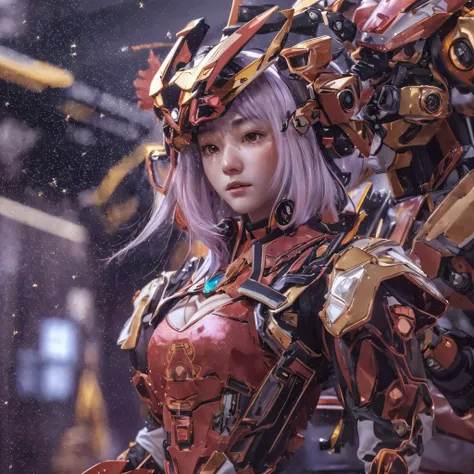 Light orange wind（（Red and white mech girl））National wind circle，Flying nine-tailed fat skull flame ethereal toad star，Golden-black damask white rabbit fur bra，Fuchsia pink diamonds, Tulle burgundy diamond shin guard，CG ，Light orange full set of thick mech...