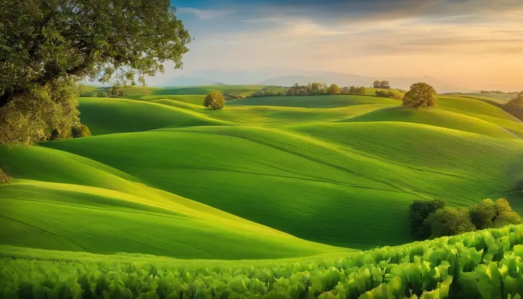 Image of green fields and fruit trees，Represents the vegetation created by God.