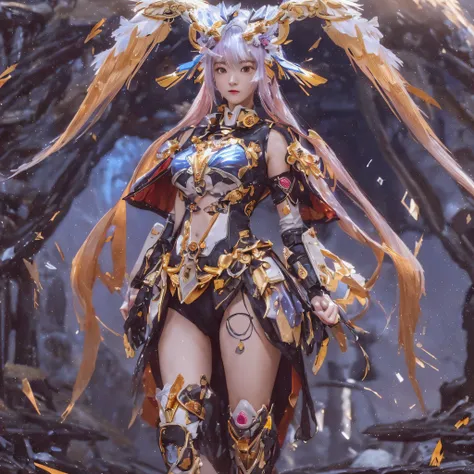 Light orange wind（（Red and white mech girl））National wind circle，Flying nine-tailed fat skull flame ethereal toad star，Golden-black damask white rabbit fur bra，Fuchsia pink diamonds, Tulle burgundy diamond shin guard，CG ，Light orange full set of thick mech...