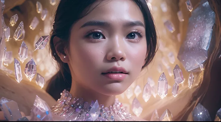 Capture the Malay girl in a vast cavern filled with towering, sparkling crystals. The radiant crystals reflect the light, casting a surreal and enchanting glow. style raw, pastel color grading, Super 8mm lense, Extreme close-up, Deep Focus cinematography e...