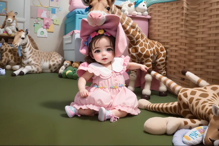 Theres a baby sitting on the floor with stuffed animals, Sofie a girafa, imagem retrato, Detalhes adicionais, foto de retrato, Foto tirada com Nikon D 7 5 0, Foto tirada com Nikon D750, Colocados, imagem retrato, imagem de perto, babies in her lap, foto re...