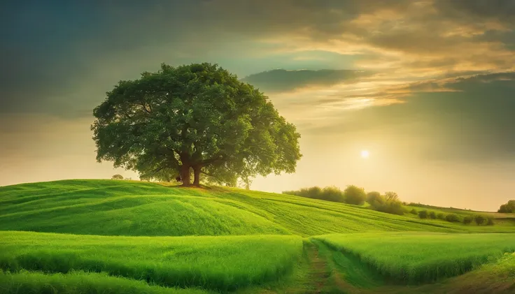 Image of green fields and fruit trees，Represents the vegetation created by God.