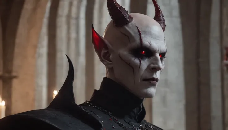 Half body shot of a creepy demon man in a Gothic church at night, pale white skin, red glowing eyes, bald demon man, creepy demon man, darksynth aesthetic, horror movie, cinematic, dark ambient, ultra detailed, photorealistic, masterpiece.