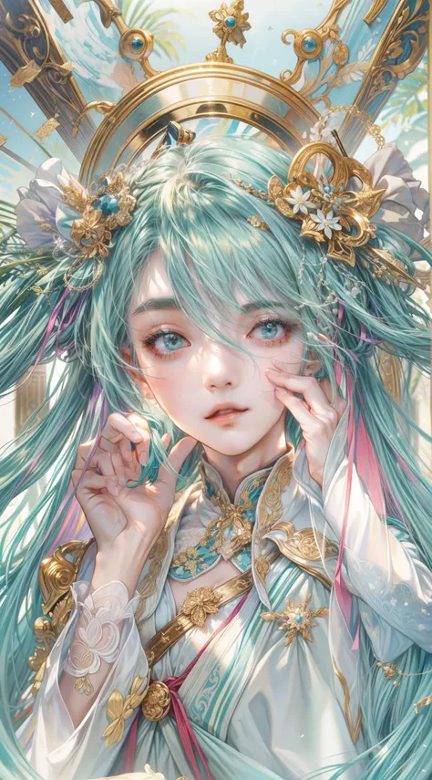 Absurdres masterpiece HDR high quality picture of Hatsune Miku, detailed face, detailed hair strands, beautiful face, simple pose, very long hair, ((random hair style:1 )) , anime eyes, light skin , 

Wearing empress outfit , detailed hair ornaments  , bea...