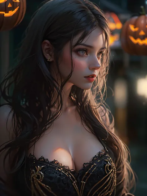 photo of a beautiful woman, (Halloween cosplay, sexy vampire : 1.2), Perfect Body Beauty: 1.3, Slim Abs: 1.1, Dark Brown Hair, Ultra Slender Face, ultra-detailed face, detailed eyes, lustrous lips ,cleavage,(night, street, festive atmosphere :1.2), pumpkin...