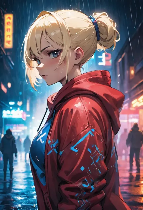 Closeup photograph, confident young cyberpunk woman with blonde and white hair in a bun, wearing a hoodie with red and blue designs on it, in a rain soaked street at night, photorealistic, cinematic lighting