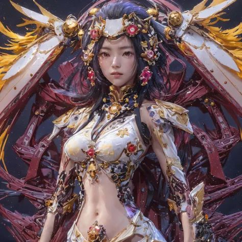 Light orange wind（（Red and white mech girl））National wind circle，Flying nine-tailed fat skull flame ethereal toad star，Golden-black damask white rabbit fur bra，Fuchsia pink diamonds, Tulle burgundy diamond shin guard，CG ，Light orange full set of thick mech...