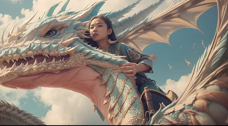 Create a scene where the Malay girl is riding a majestic, photorealistic dragon through the skies. Shes a dragon tamer in a breathtaking aerial adventure. style raw, pastel color grading, Super 8mm lense, Extreme close-up, Deep Focus cinematography effect,...