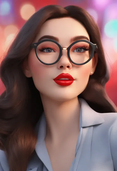 Estilo Pixar: Theres a woman in glasses and red lipstick posing for a photo, wearing black rimmed glasses, 💋 💄 👠 👗, wearing thin large round glasses, wearing black frame glasses, thick red lips, sexy red lips, wavy long black hair and glasses, imagem de pe...