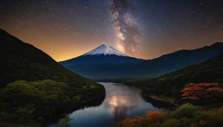 Master parts、Superior quality、Superior image quality、8K quality、、Beautiful picture of the starry sky、magnifica、arching milkyway:1.9、Mt fuji、Lake、valley