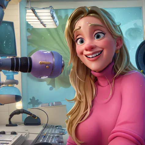 blonde woman, (best quality,3D animated,Disney-Pixar style) character, animated in a radio studio, vibrant colors, (high-res,ultra-detailed), 3D rendering, studio lighting, vivid expressions, dynamic poses, captivating smile, microphone, soundproof booth, ...