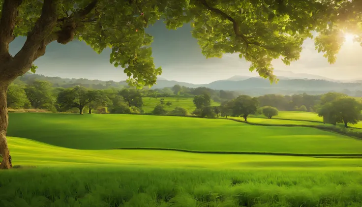 Image of green fields and fruit trees，Represents the vegetation created by God.