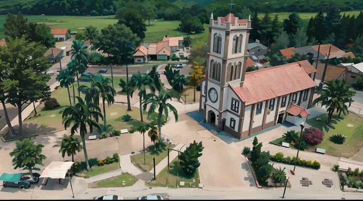 Aerial view of a church with a clock tower and palm trees, visto de cima, Foto de cima, fotografia de cima, foto tirada de cima, tiro de cima, Tiro de um drone, Tiro de drone, aerial shot from the drone, viewed from birds-eye, View from above, shooting fro...