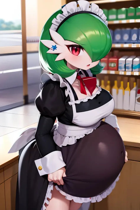 obra maestra, best_quality, 1girl, solo, gardevoir, pokemon (criatura), cabello verde, ojos rojos, vestido de sirvienta, supermarket, de perfil, en un supermarket, vista lateral, sosteniendo una caja, (((embarazada))), gardevoir embarazada, [junto a un car...