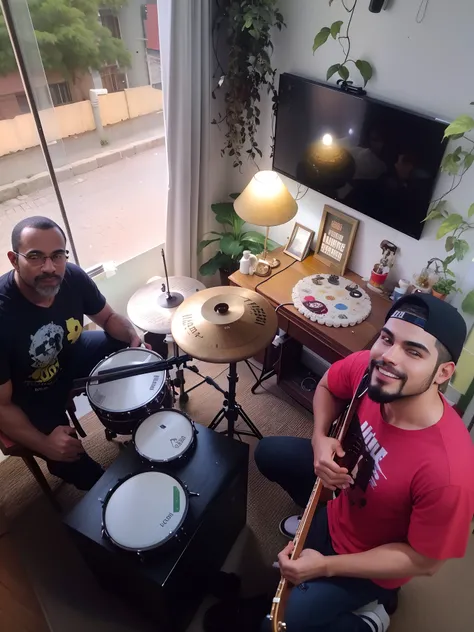 dois homens sentados em uma sala de estar com uma guitarra e um tambor, 🌻🎹🎼, tocando bateria, Congas, album photo, Bongos, Congas reais, jamming to music, baterista, bateria, Foto realista, studio recording, Directed by: Nandor Soldier, imagem do avatar, C...