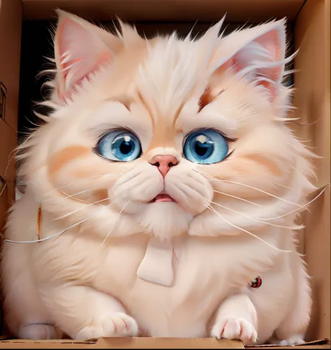 Blue-eyed white Persian kitten inside a cardboard box