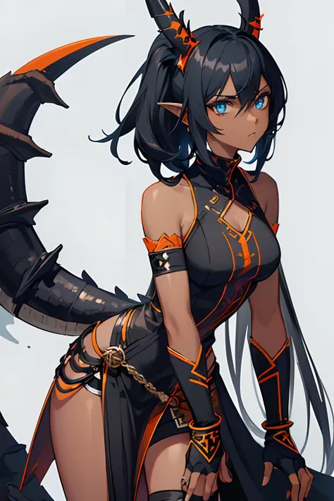 1girl , (((Dark Skin)))), Black Hair with Ponytail, (((Blue Eyes))), ((Black Metallic Gauntlets and Greaves with Orange and Silver Highlights)), (((The Clothes Have a Mix of Modern and Tribal))), (((The Clothes Have a Mix of Modern and Tribal))),  having m...