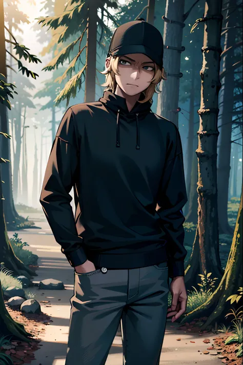 There is a man standing on a path in the woods, anime exuberante john 8k madeiras, cara de anime alto com olhos azuis, Digital anime illustration, floresta em segundo plano, standing in the forest, estilo de arte realista, Arte no estilo de Guweiz, arte de...