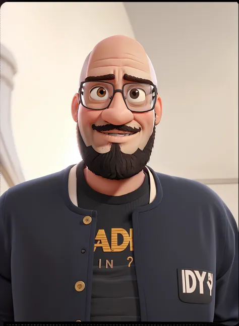 A bald man with a black beard and glasses in the Disney Pixar style, alta qualidade